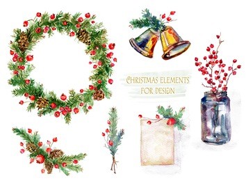 set of christmas decorations. watercolor illustration. wreath from  the needles, red berries. background, banner for text.