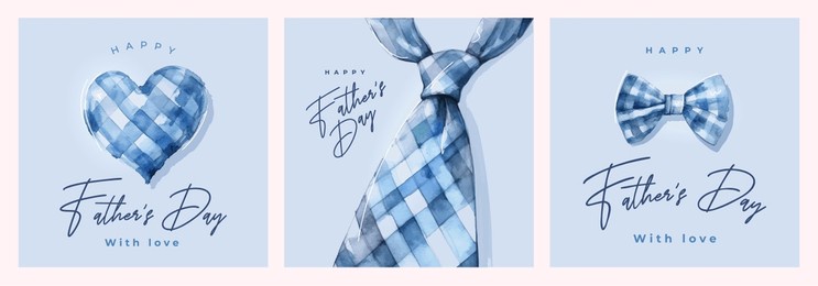 set of father's day greeting cards in blue tones with plaid men's tie, bow tie and heart. fathers day modern watercolor illustration for banner, fashion ads, poster, flyer, social media, promo, sale.
