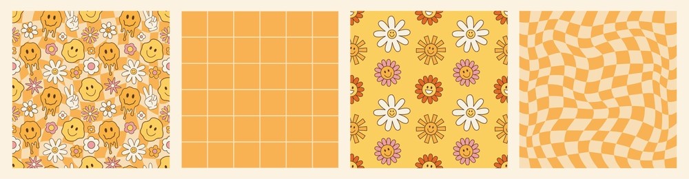 retro psychedelic set 60s 70s vector seamless patterns, groovy hippie style background. cartoon print with flowers and mushrooms, set in hippie style. psychedelic chess board