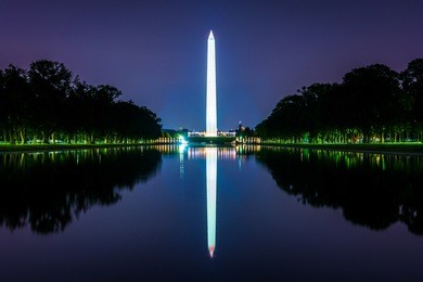 the washington monument reflecting in the reflection pool at night at the national mall in washington, dc.
