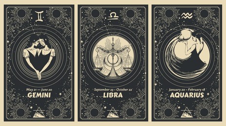 gemini, libra, aquarius zodiac signs, air element, set of mystical astrology cards, horoscope banner with women on black background for stories. vector boho hand drawing, magic design.