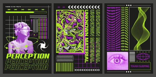set of retro futuristic posters, y2k, techno style for typography, streetwear, t-shirt, hoodie, prints or merch. 3d abstract shapes, floppy, acid colors.vector illustration