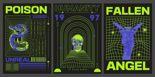  retro futuristic posters pack, y2k, techno style for typography, streetwear, t-shirt, hoodie, prints or merch. 3d abstract shapes, floppy, acid colors.vector illustration