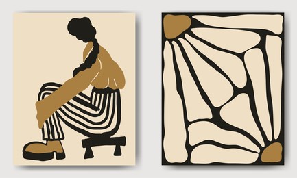 diptych: girl and daisies. vector illustration depicting a girl sitting on a chair and daisies in a square. contemporary art. interior paintings.