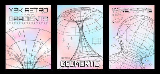 y2k trendy poster collection, posters with soft gradient background and 3d mesh geometric forms in 2000s aesthetic. 