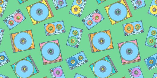 audio cassette and cd disk pattern. 2000s audio cassette. y2k wallpaper. cd disk for boombox. nostalgia for the 90s and 2000s.