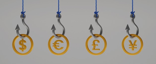 3d concept idea for making money (dollar, euro, pound, yuan). catching money with fishing rod.