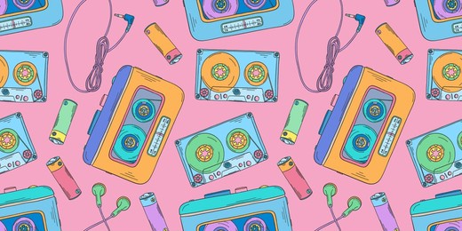 personal cassette player pattern. 2000s portable music player, cassette, headphones, battery. y2k trend. retro background. nostalgia for the 90s and 2000s.