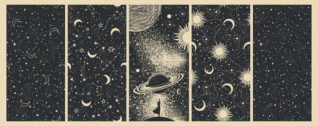 universe mystical banner, a woman touches the planet, a pattern with the sun and moon, constellations on a black background. set of astrology cards, boho design. hand drawn vector illustration.