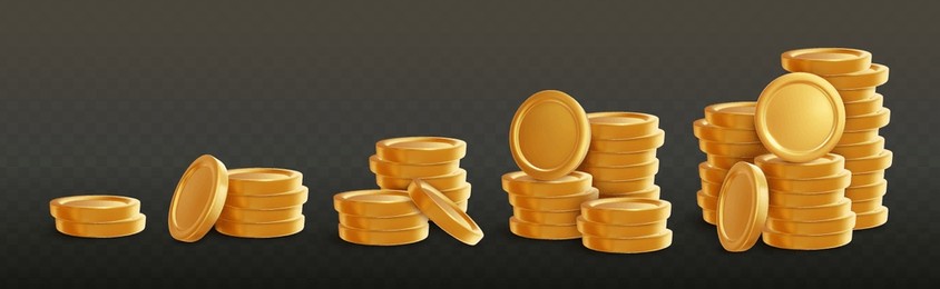 stack of gold coins. shiny golden coins in five stacks with another falling down. finance, investment and savings concept. 3d money cash bank finance isolated on black background. vector illustration