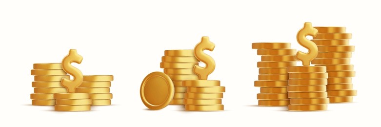 stack of gold coins. shiny golden coins in three stacks with another falling down. finance, investment and savings. dollar treasure with money cash isolated on white background. vector illustration