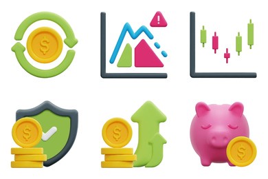 investment 3d vector icon set. insurance, piggy bank, profit, return on investment, risk, stock. isolated on white background. 3d icon vector render illustration.