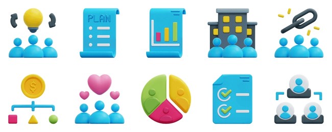 business model 3d vector icon set. brainstorm, business plan, business report, company, cost structure, customer relationships, customer segment, key activities, key partners, organization chart.