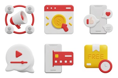 online marketing 3d vector icon set. free delivery, online payment, outbound marketing, pay per click, social media, video marketing. isolated on white background. 3d icon vector render illustration.