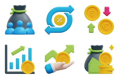 investment 3d vector icon set. exchange, exchange rate, funds, investing, investment, money. isolated on white background. 3d icon vector render illustration.