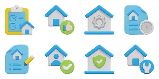 rental property 3d vector icon set. checklist, choice, management, clock, contacts, tenant, security, house repair. isolated on white background. 3d icon vector render illustration.