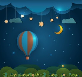 abstract paper cut-hot air balloon ,cloud,sky and moon with stars at night .blank space for your design.vector file.