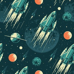 space odyssey colorful seamless pattern with jet shuttles and planets and stars of universe or galaxy vector illustration