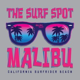 malibu surf typography, t-shirt graphics, vectors