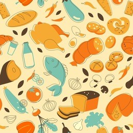 seamless pattern with food elements in retro doodle style