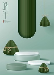 dragon boat festival poster for product demonstration. green pedestal or podium with sticky rice dumplings on green background. translation: dragon boat festival and may 5.