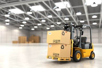 forklift truck in warehouse or storage loading cardboard boxes. 3d