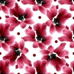 seamless pattern in retro style "hibiscus flower". flowers and small circles on a white background.