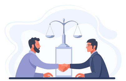 illustration concept for concluding a contract, insurance, business negotiations, services of a lawyer, lawyer, notary, insurance agent. two men shake hands to make a deal on the background of scales.