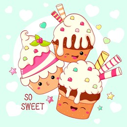 card with cute dessert in kawaii style. cake, muffin and cupcake with whipped cream and berry. inscription so sweet. can be used for t-shirt print, sticker, greeting card. vector illustration eps8