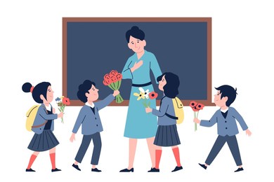 teachers day scene. students present professor flowers bouquets. happy little kids, primary school characters. professional holiday recent vector scene