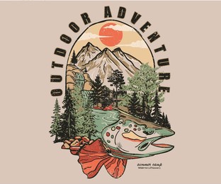 outdoor adventure vector print design. mountain adventure artwork. wild national park illustration. fishing design. 