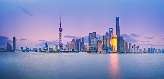 china shanghai pudong district skyline during sunset