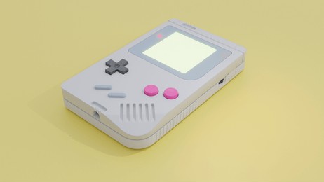80s and 90s handheld retro game console in the low poly flat shaded style on a yellow background