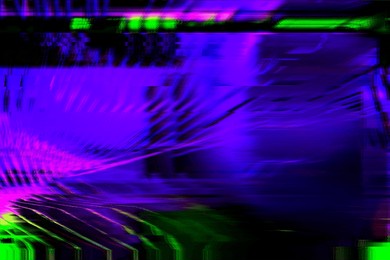 abstract purple, pink and green background with interlaced digital distorted motion glitch effect. futuristic cyberpunk design. retro futurism, webpunk, rave 80s 90s aesthetic techno neon colors