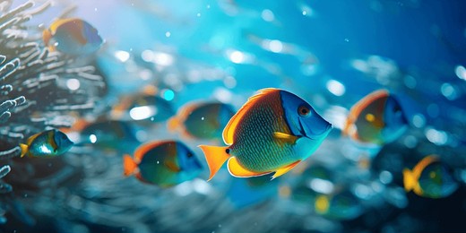 tropical sea underwater fishes on coral reef. aquarium oceanarium wildlife colorful marine panorama landscape nature snorkeling diving