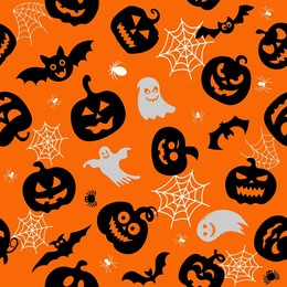 seamless vector pattern for halloween design. halloween symbols: ghost, bat, pumpkin in cartoon style. vector illustration.