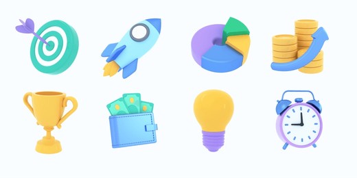 3d bundle of commercial or business icons. achieving goals, saving money, ecomony, managing financial income, investment, trading market concept. 3d render illustration.