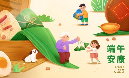 cute hand drawn style dragon boat festival poster of miniature family celebrating the holiday with zongzi in bamboo steamer and realgar wine jar around. chinese translation: healthy duanwu festival.