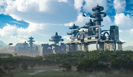 aerial view of futuristic city with flying spaceships