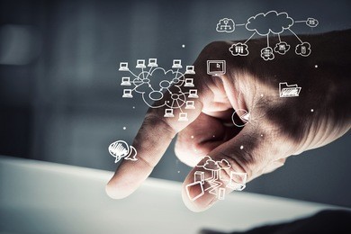 close up of businessman hand touching tablet screen