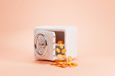 view of white safe deposit box with open door, dollar coins and gold bars inside over beige background. concept of saving money, secure storage and accumulation. 3d rendering