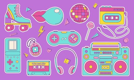 set of colorful elements 80s 90s, retro badge, emblem, fashionable patch. vector illustration