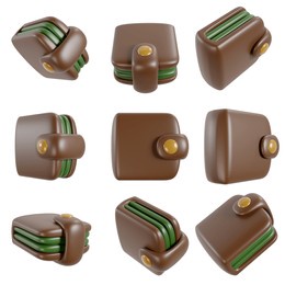 set leather wallet with money isolated on white background. collection objects various view. 3d realistic illustration.