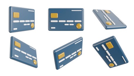 set credit card isolated on white background. collection objects different view. 3d realistic illustration.