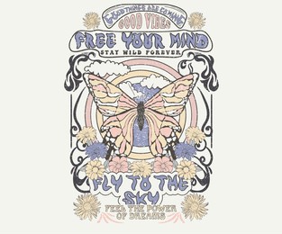 flower retro artwork. spring t-shirt design. free your mind. fly to the sky. butterfly graphic print design. wild floral artwork for t shirt print, poster, sticker, background and other uses. 