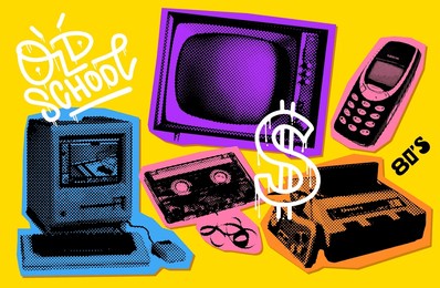90s - y2k collage mouth set with grunge vintage electronic elements - mobile phone, tv, game console, music cassette. halftone effect vector illustration
