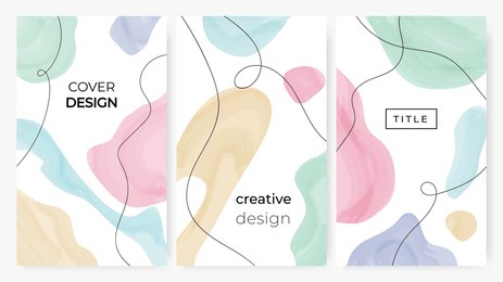 set of abstract backgrounds in pastel colors. hand drawn doodle various shapes with text. modern trendy vector illustrations. 