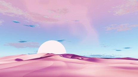 3d render surreal pastel landscape background with geometric shapes, abstract fantastic desert dune in seasoning landscape with arches, panoramic, futuristic scene with copy space, blue sky and cloudy