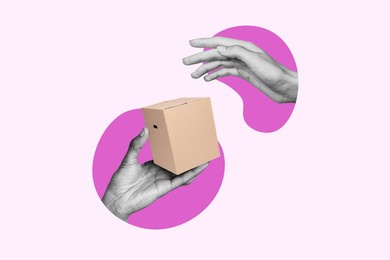 template advert collage of two hands people shopper consumer deliver receive order box fast delivery concept