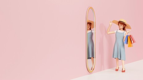 3d human character. woman holding shopping bags dress up and look at yourself in the mirror. 3d rendering